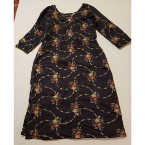 Long Sleeve Slit Black Botanical Size Small Women's Floral Pattern Dress